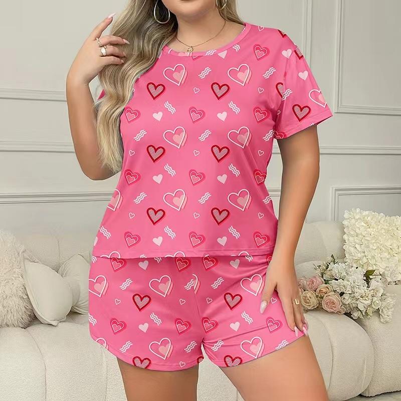 Pink Heart Print Plus-Size Women Sleepwear Pajama Set Nightgowns  Short Sleeve Tee and Shorts  Nightclothes Smooth
