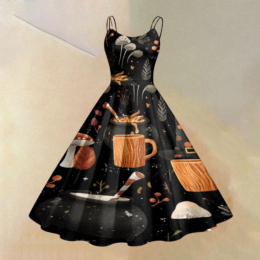 Women's Casual Round Neck Sleeveless Dress with Halloween Print for Party and Daily Wear