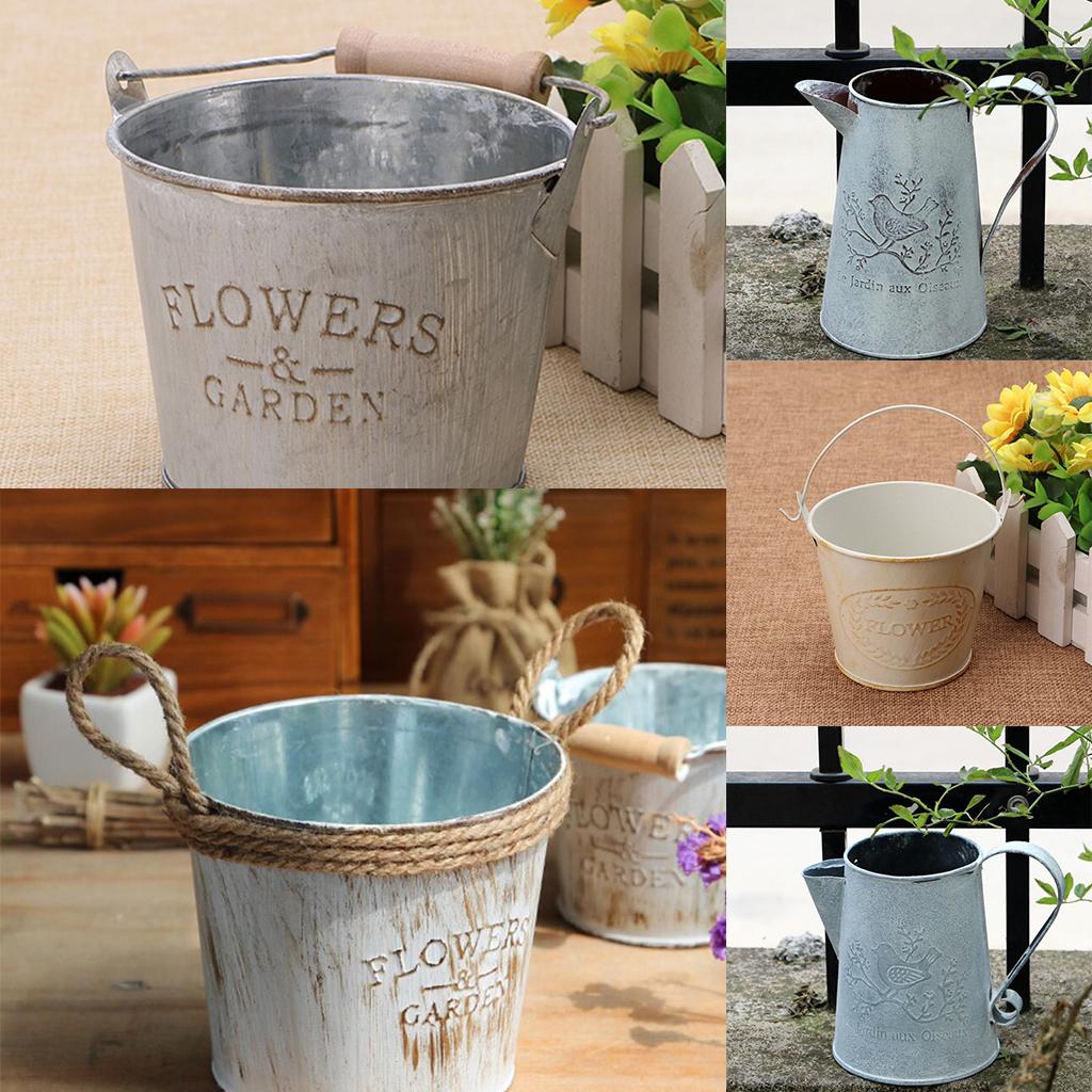 Vintage Metal Tin Flower Bucket Plants Herb Pot Tabletop Vases Container Watering Can with Handle Home Garden Hanging Decor