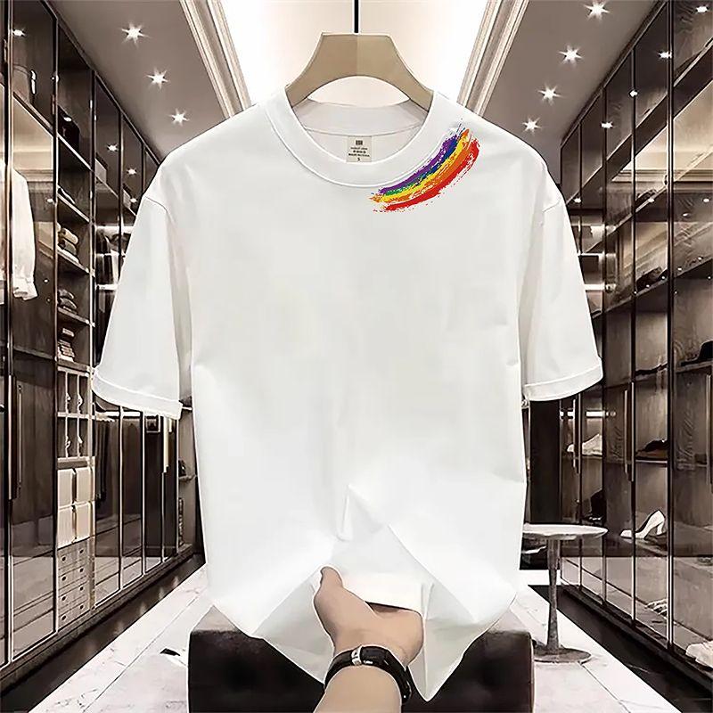 Street Casual Trend All-match Heavyweight Cotton Printing Rainbow Soft Loose Comfort New Style Men's Short Sleeved Summer 2024