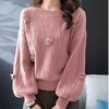 Autumn and Winter Women's Crew Neck Sweater 3D Flower Loose Knit Pullover Sweater Short Lantern Sleeve Knit Top