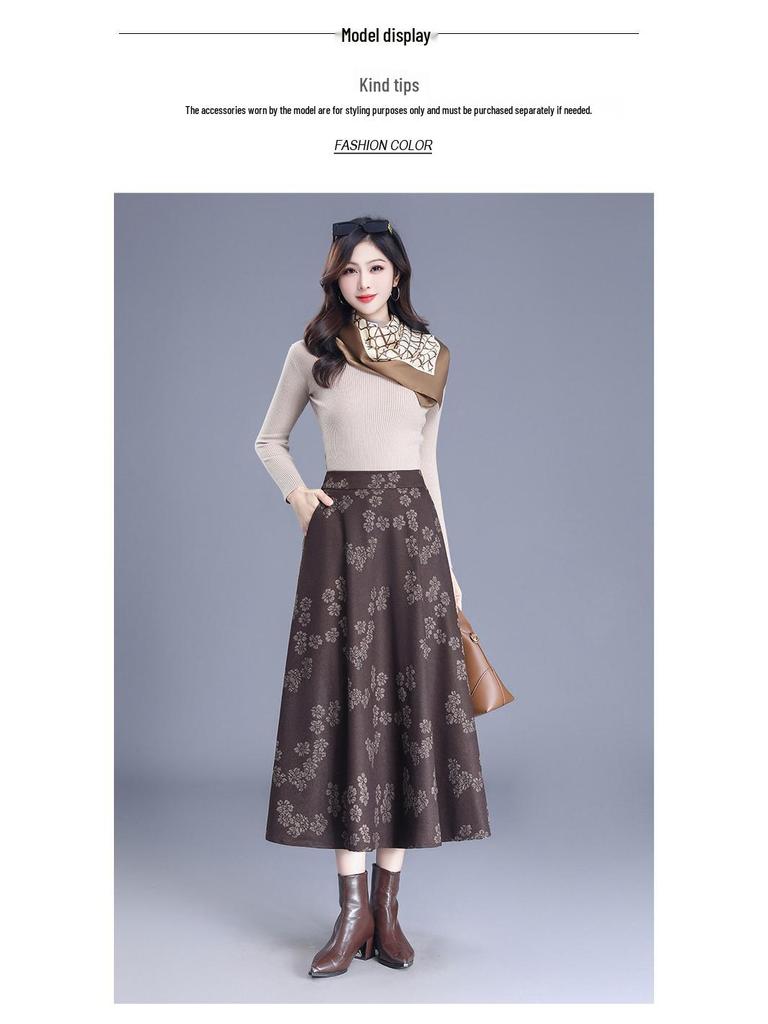 2025 Spring A-Line Skirt: Wool Front, Lace Back, Half-Elastic Waist, Long Skirt.