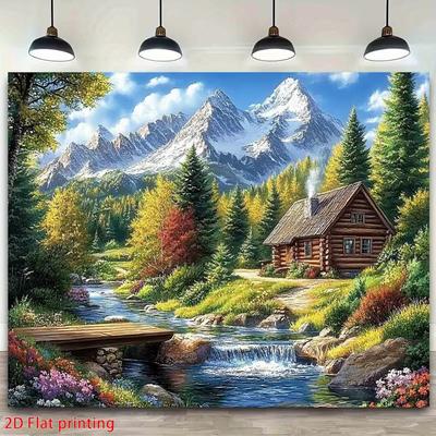 2D BergHütte Wandteppich, Malerische Landschaft mit Hütte, Fluss und Wasserfall