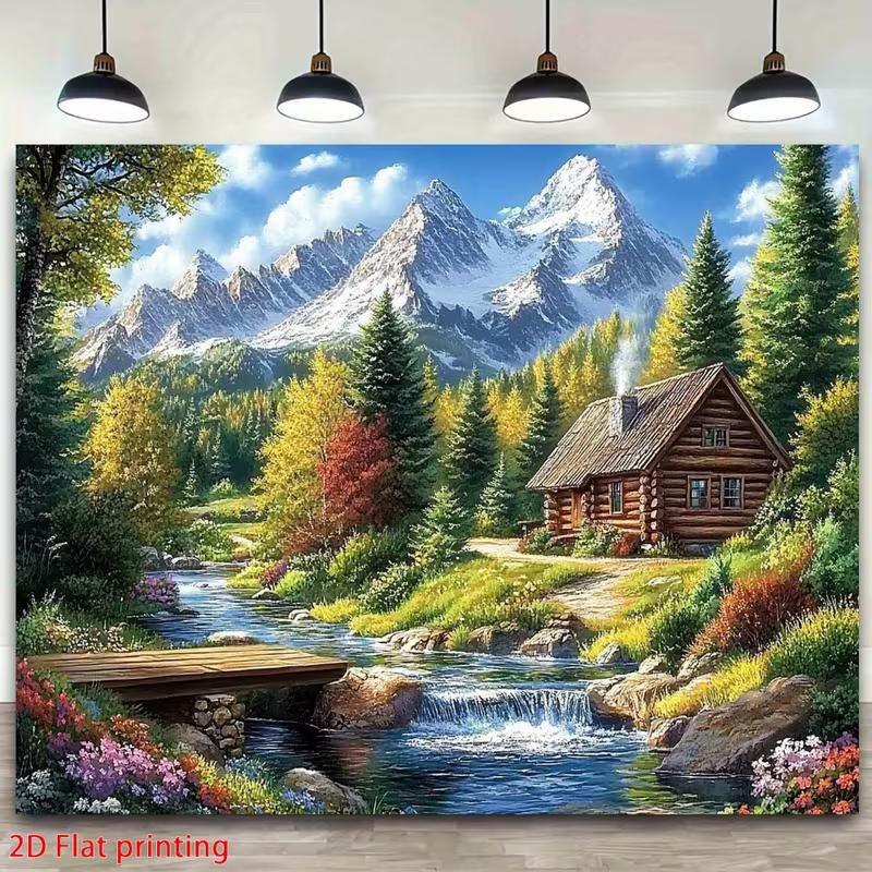 

2D Mountain Cottage Tapestry, Scenic Landscape with Cabin, River and Waterfall 47.2x31.5inch/120*80cm