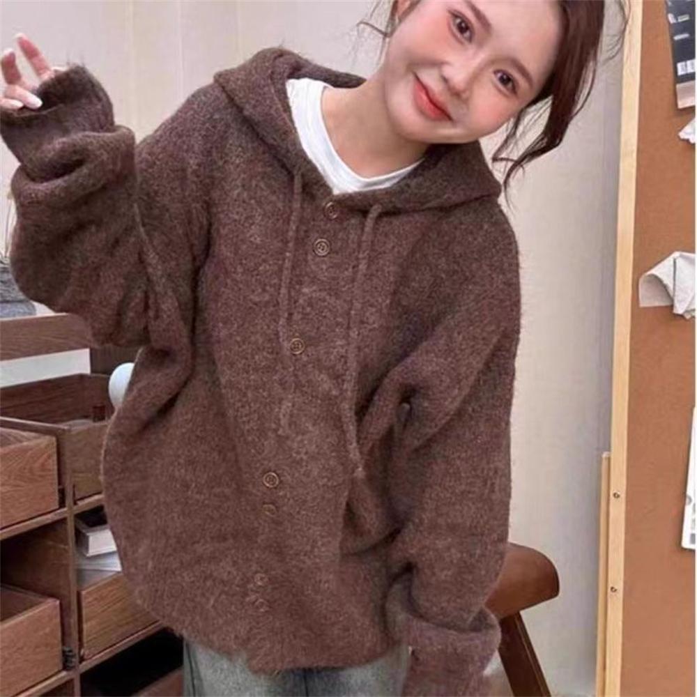 

Hooded Sweater Cardigan for Women Autumn and Winter, Small and Lazy Style, Soft and Sticky Knit Sweater Jacket One Size темно-коричневого кольору