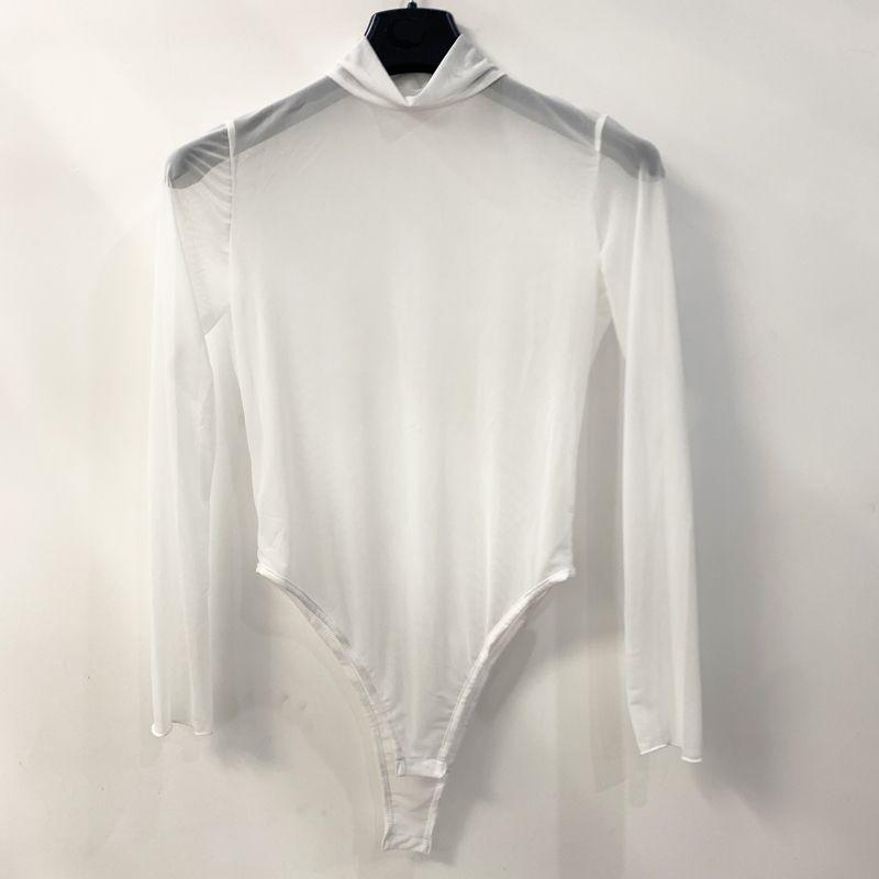 

Fashion Style Sexy Mesh See-through One-Piece Female T-shirt Long Sleeve Turtleneck Thin Stretch Crotch One-Piece Sexy Tops White L