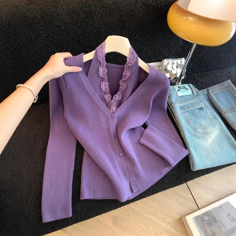Autumn and winter new slim-fit lace splicing fake two-piece neck-hanging and thin versatile knitted sweater