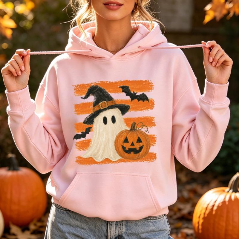 Cute Ghost Witch Hat Pumpkin Bat Hooded Top Women Spooky Season Preppy Style Autumn Pullover for Halloween Night Event Clothing