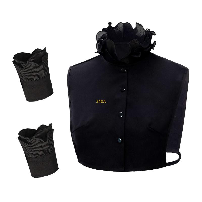 Fashion Detachable Ruffle V Neck Sweater Collar Insert Half Shirt Includes 2 Wrist Cuffs Fake Sleeves Set for Women