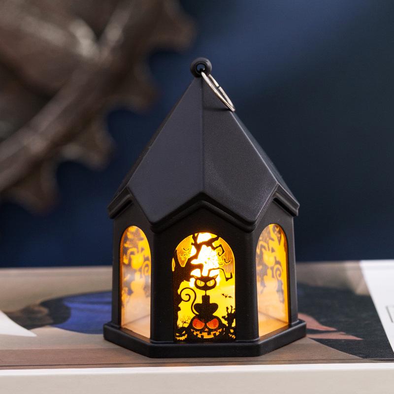 Children s Halloween Pumpkin Lantern Castle Scene Ornament with Cat Handheld Decoration.