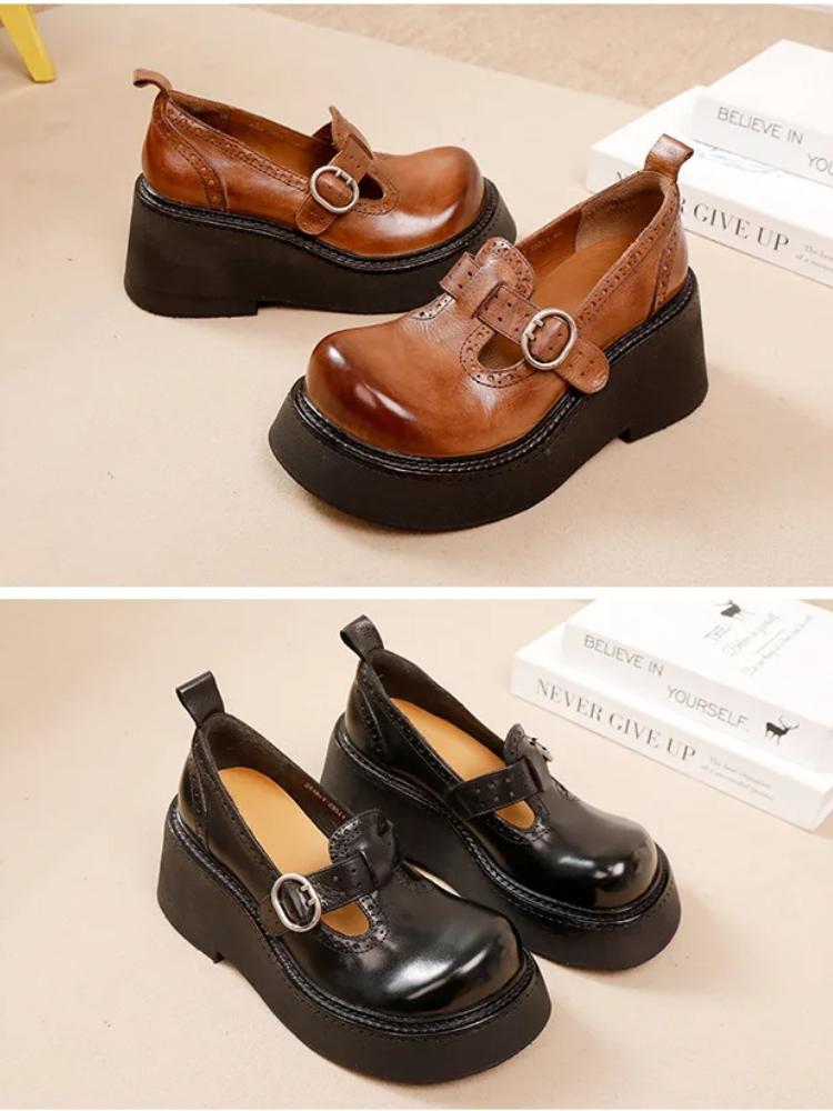 Johnature Retro Thick Soled Pumps Genuine Leather Wedges Shoes Round Toe Versatile Women's Platform Shoes