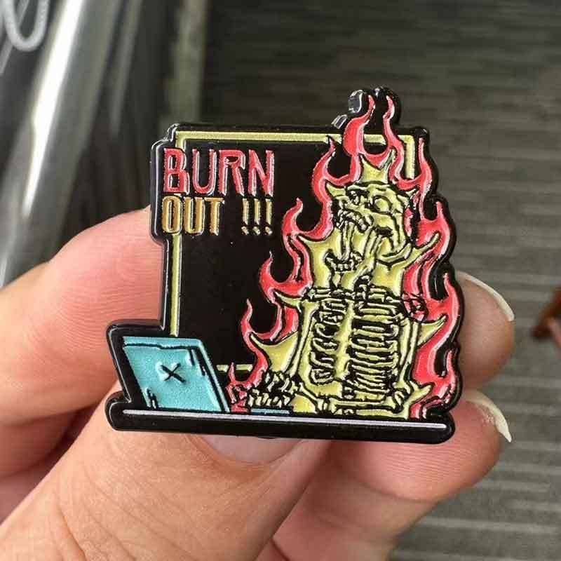 "Burn Out!!!" Interesting Skull Workaholic Brooch Skeleton Flame Pin for Backpacks Jackets Jewelry Accessories