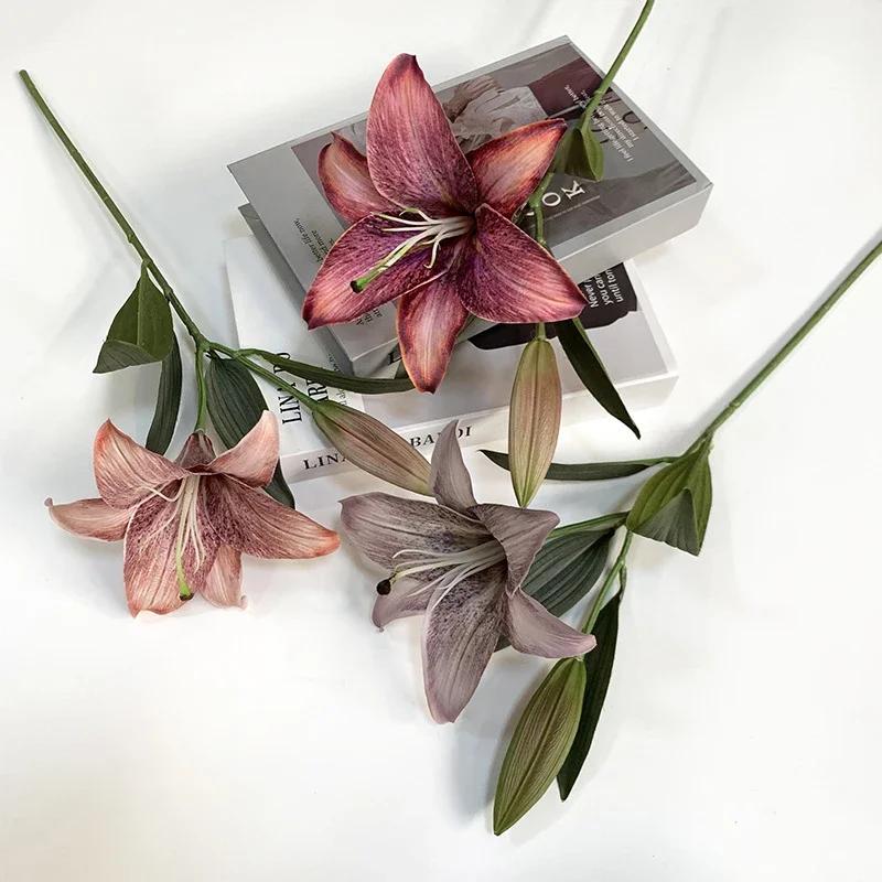 Artificial Plants Ornament Premium Lily Artificial Flower Living Room TV Cabinet Dining Table Vase Flower Arrangement Decoration