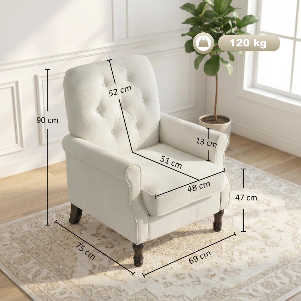 Lounge Chair, 1-Seater Sofa, Padded Seat, Spring Cushion, Linen, 69 x 75 x 90 cm, Cream