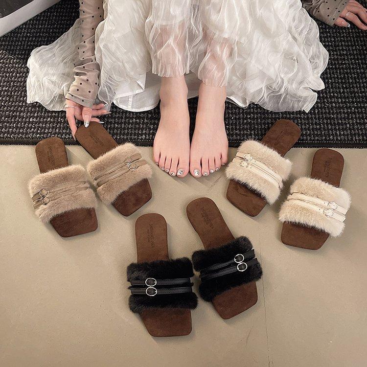 [Youshilai] New one-word fluffy slippers women's 2025 autumn and winter wear versatile temperament fairy wind cotton slippers