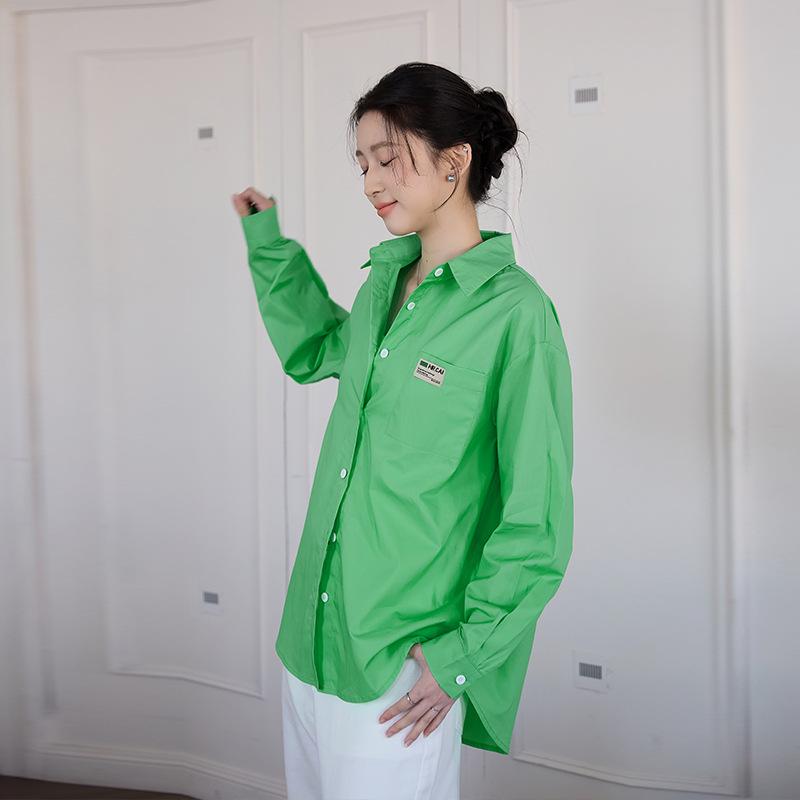 

White Cotton Shirt - Korean Style Relaxed Fit, Slimming, Spring/Autumn 2026 Layering Top Extra Large неон зелений колір
