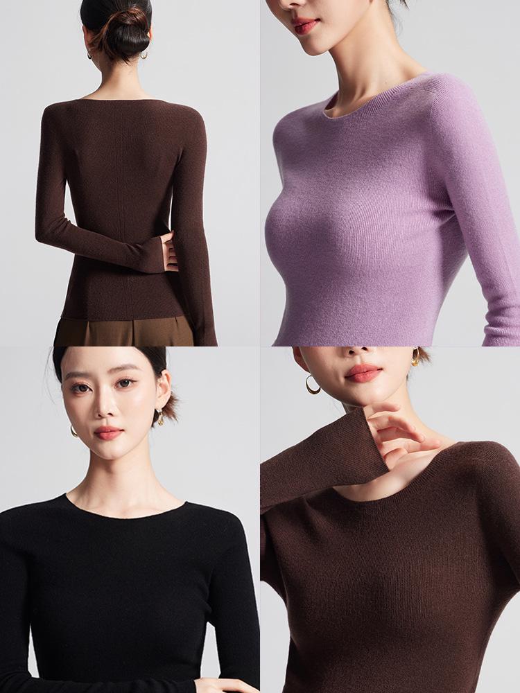 Machine Washable Women's Seamless 100% Pure Wool Round Neck Knit Sweater, 60 Count, 18 Gauge, Autumn Base Layer