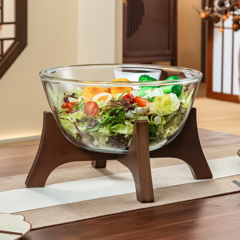 ZEYI CERAMICS Large Crystal Glass Fruit Bowl with Wooden Base