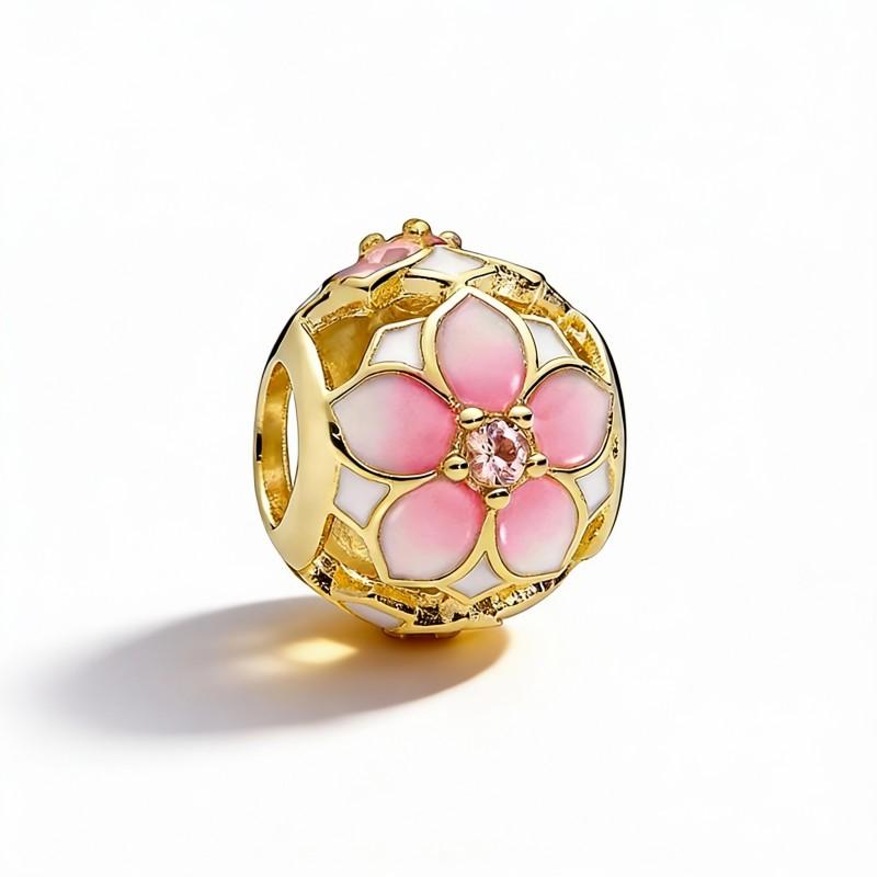 Popular Goods Sparkling Flower Pink And Gold Series Charm Bead Pendant Fit Original Silver Bangle Necklace Jewelry Gift