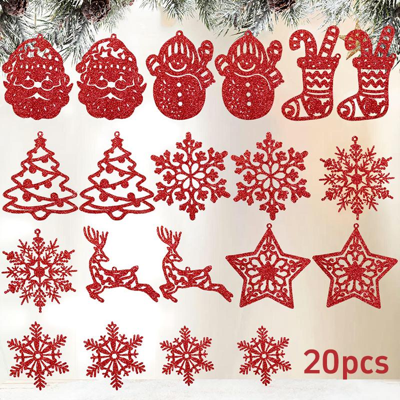 20Pcs Christmas Tree Decoration Hanging Ornaments Tree Snowman Reindeer Santa Snowflake Ornaments for New Year Winter Party