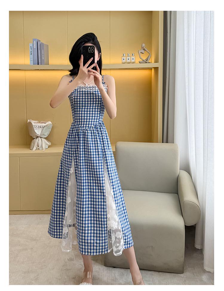 In-Stock Lace Plaid Slimming Camisole Dress with Large Skirt.