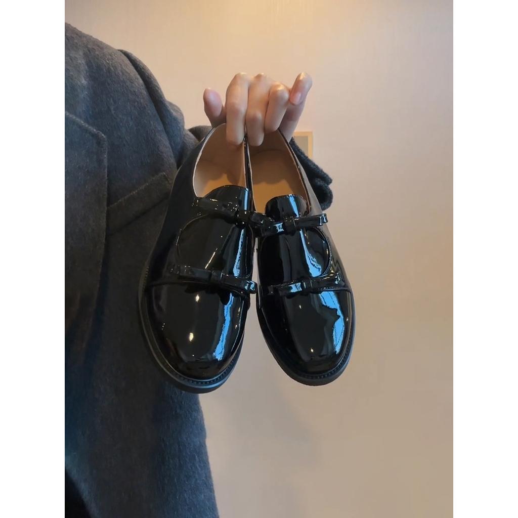 Cowhide Version~ Bow Small Leather Shoes Women's Thick-soled Inner Height Increase Leather Black Low-heeled Single Shoes