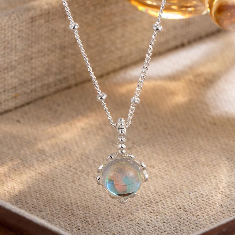 S925 Sterling Silver Moonstone Round Pendant Necklace for Women - Elegant Niche Design with Flower Collarbone Chain