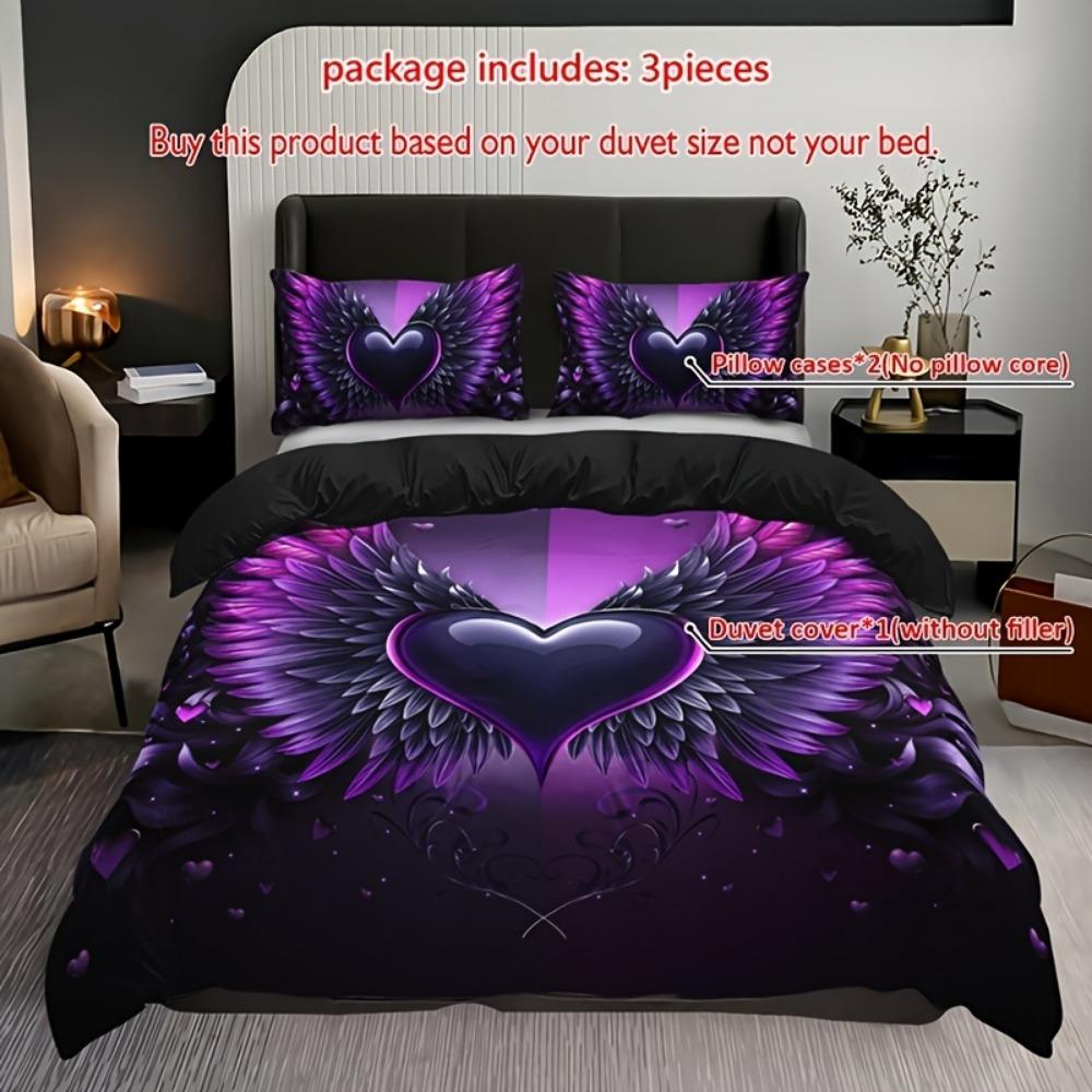 3pcs Black Purple Beding Set Love Heart Wing Print Cozy Soft Duvet Cover Set King Quen Twin Single Sized Dimensions Birthday Gift Bedrom Decor