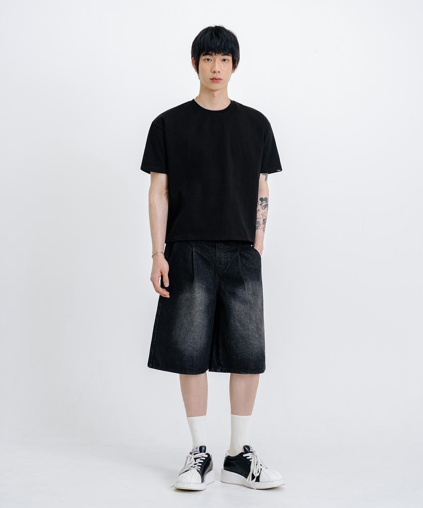 LEMAIN SECOND Crop Plain Oversized Short Sleeve T-Shirt [Black]