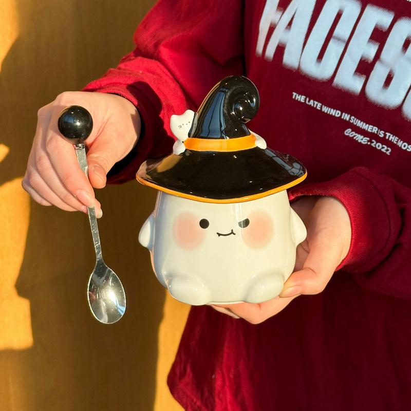 Halloween cute ghost cup girl ceramic mug with lid spoon office couple coffee cup souvenir
