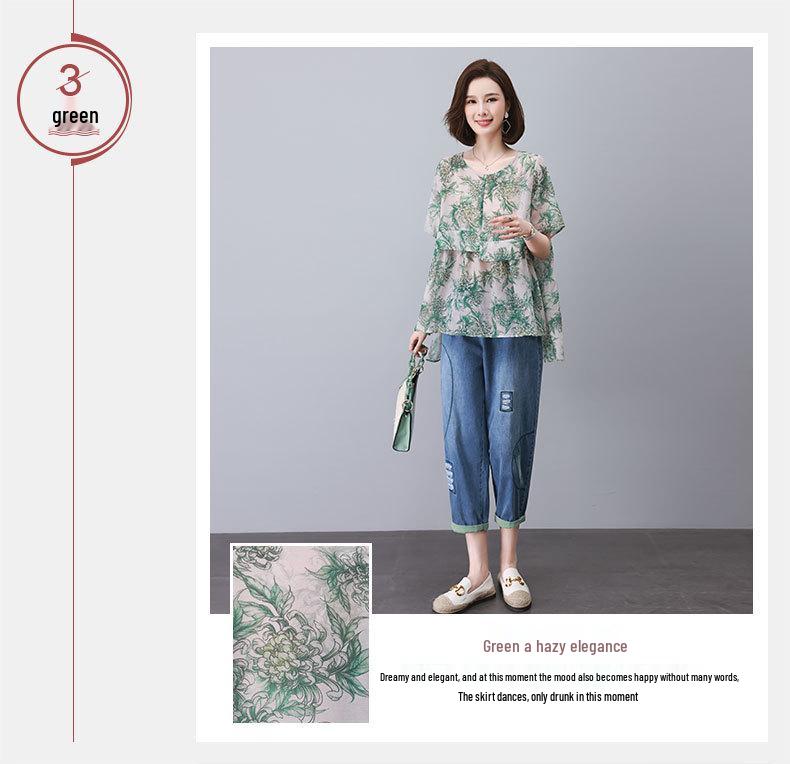 Women's Summer 2025 Casual Suit: Short Sleeve Fashionable Two-Piece Jeans Set for Middle-Aged Moms