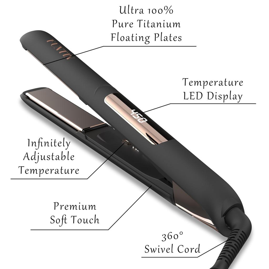 FUNTIN S10 Hair Straightener, Flat Iron - 100% Pure Titanium Flat Iron Straightener, Curl Ion 2-in-1 (Black Rose Golden)