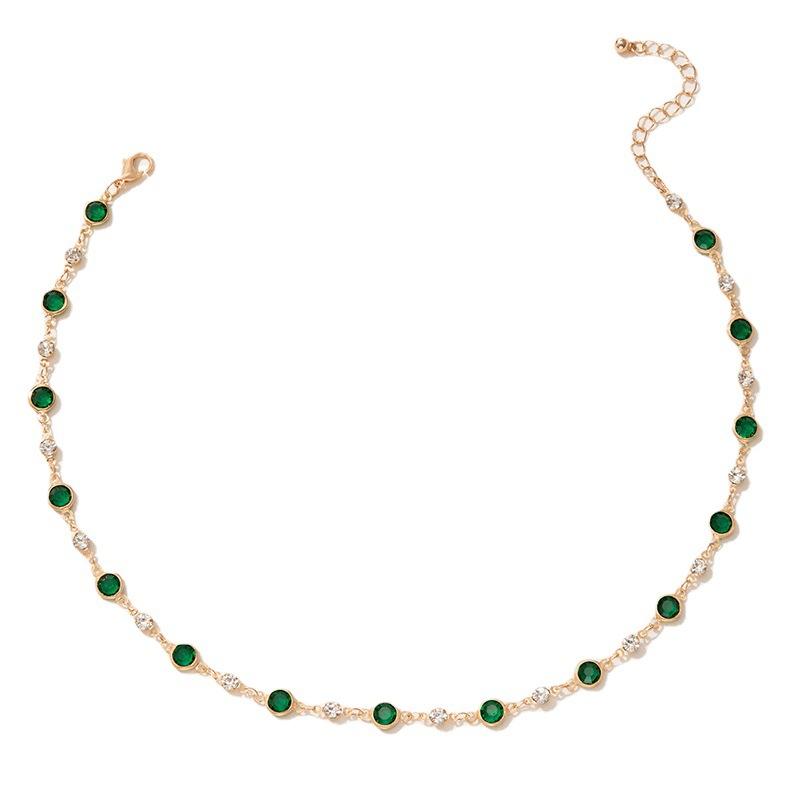Green Zircon Niche Personality Retro Diamond-encrusted Short Necklace Collarbone Chain Neck Chain Chocker Female