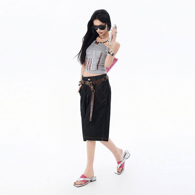 Trendy Summer Niche High Street Designer Slimming Loose Wide Leg Cropped Capri Denim Pants For Women Versatile Loose Straight Streetwear