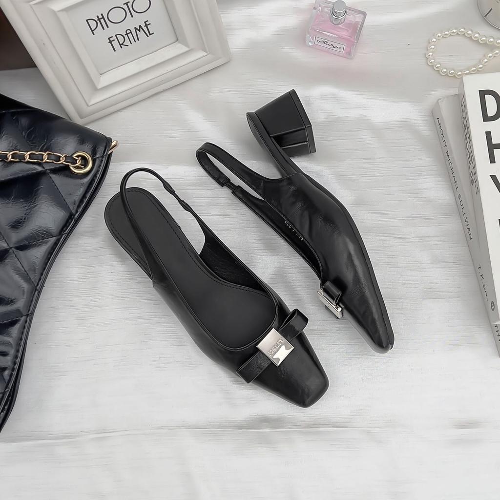 Spring and Summer New 2025 French Square Head Bow Empty Single Shoes High Sense Outer Wear Thick Heel Temperament Sandals Women