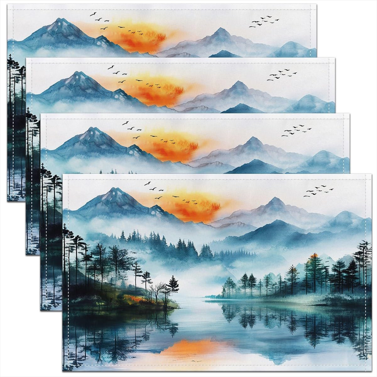 

Mountain Lake Placemats Set of 4 18 x12 Kids Blue Tree Table Place Mats Boys Girls Lakeside Sunset Placemat 4pcs-12x18