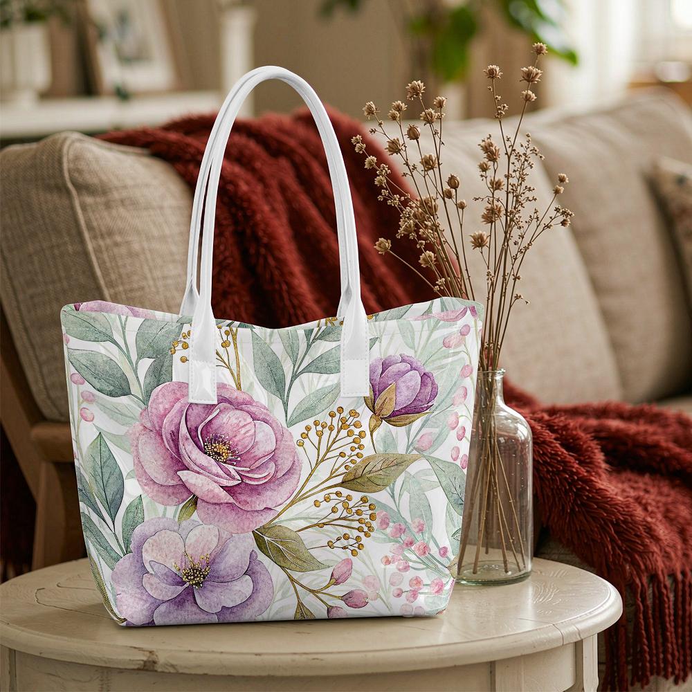 Elegant Watercolor Floral Women Casual Daily Tote Bag Fashion Lightweight Commuter Shoulder Bag