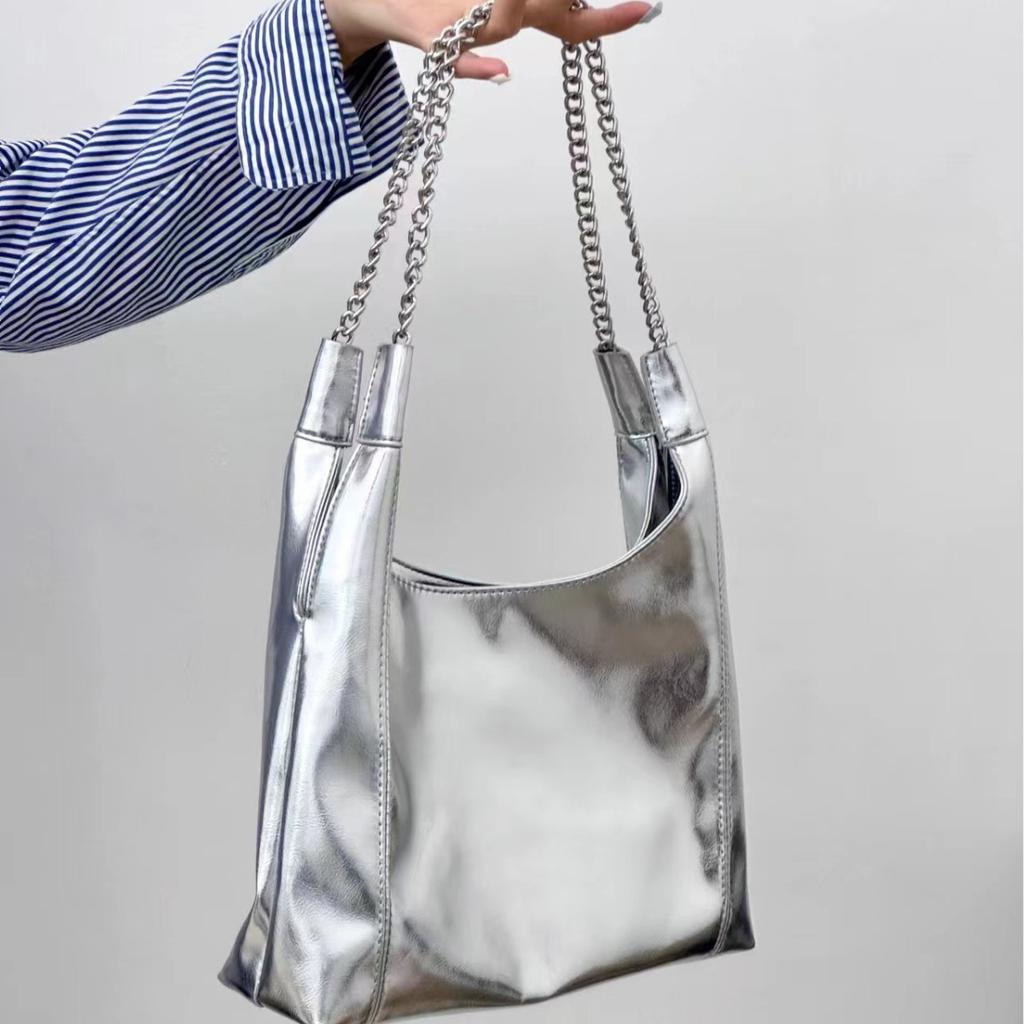 Chain Underarm Bag Women's Bag New Silver Soft Leather Commuting Bag One-shoulder Tote Bag Large Capacity Women's Bag
