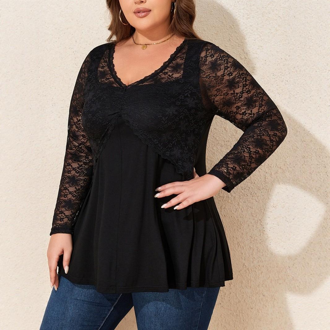 

Elastic Lace Patchwork Waist V-neck Plus Long Sleeved Women s Top XXL