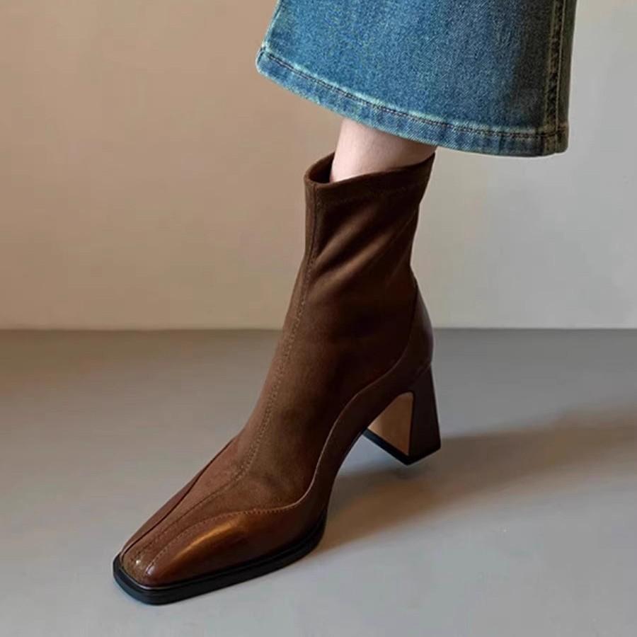 Soft leather version~ short boots women's 2025 new high heels autumn and winter square head elastic socks boots thick heel French thin boots