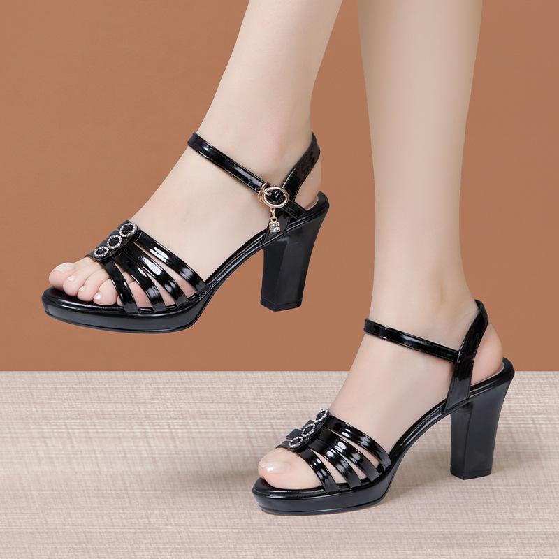 

8cm 10cm Small Size 32-43 Elegant Crystal Block High Heels Sandals Summer 2025 Women s Thick Bottom Platform Sandals Office Mom 32