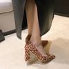 Large size suede leopard print high heels autumn new thick heel single shoes pointed head shallow mouth European and American fashion shoes