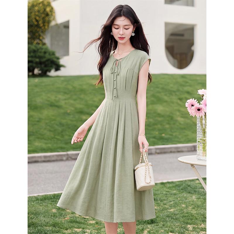 Robe midi élégante française ajustée en lin coupe A