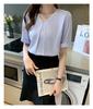 Short Chiffon Stylish Summer Fog [Xiaoyu] Women's Blouse, Sleeve, Office, Shirt, V-Neck, Top, Business, Commuting, Washable, Spring, (L, Blue)