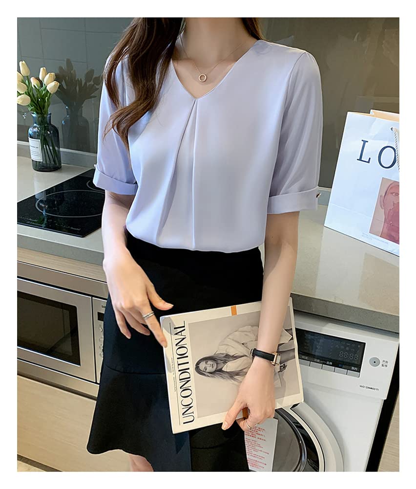Short Chiffon Stylish Summer Fog [Xiaoyu] Women's Blouse, Sleeve, Office, Shirt, V-Neck, Top, Business, Commuting, Washable, Spring, (L, Blue)