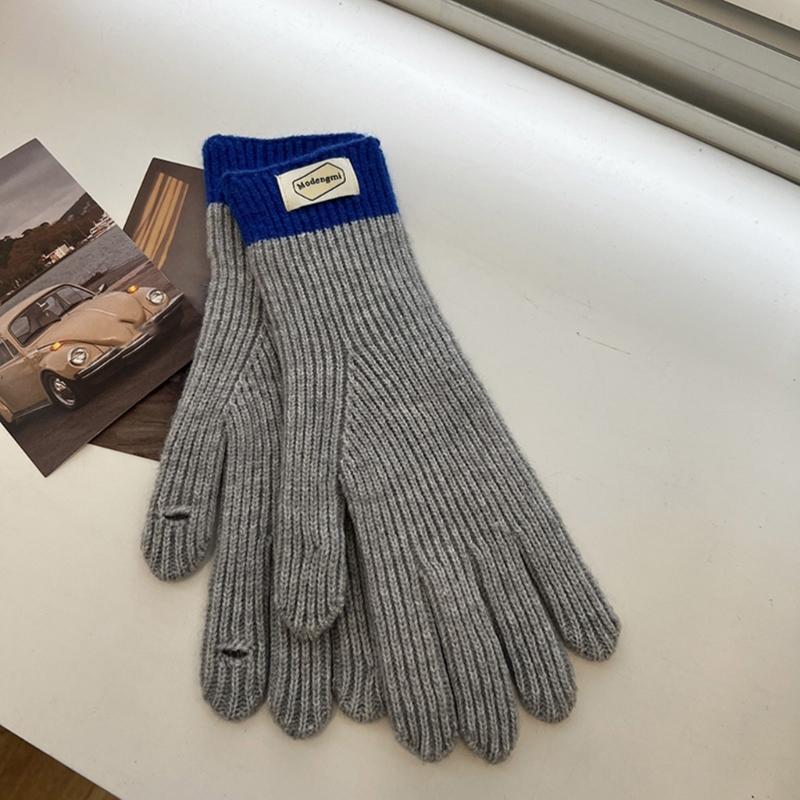Womens Warm Knitted Full Finger Gloves Outdoor Riding Touchable Screen Colorblock Letters Label Decor Thermal Mittens