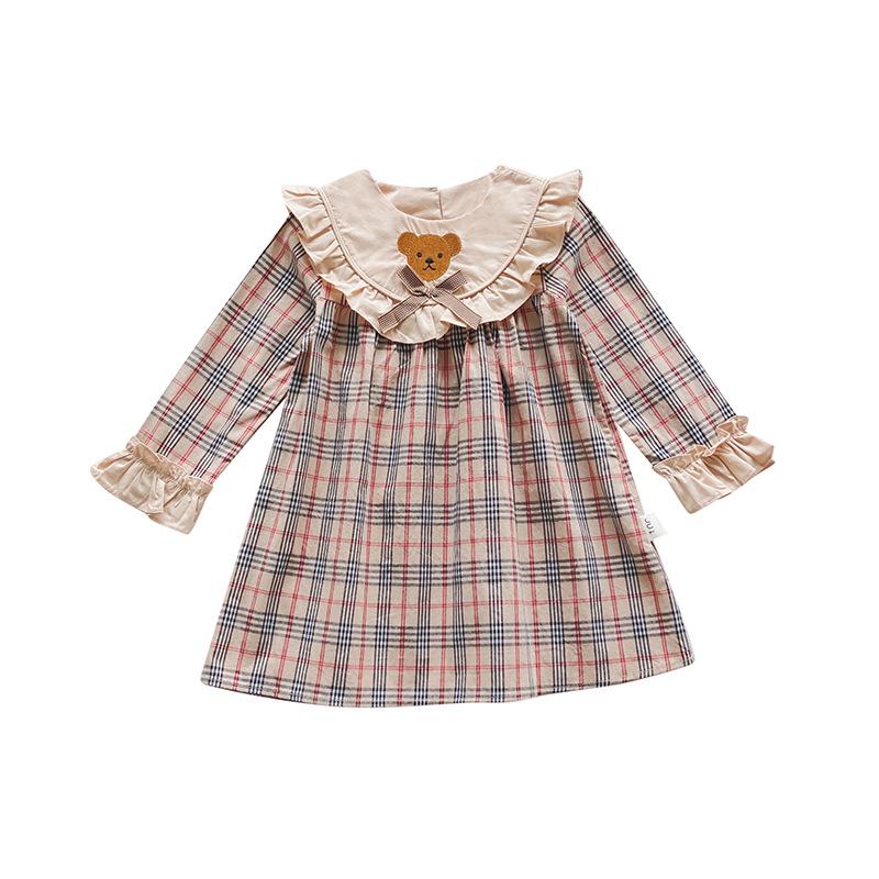 Dívčí roztomilé kostkované šaty s medvídkem 2024: Volán s dlouhým rukávem na jaro a podzim