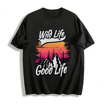 Wild Life Good Life Sunset Mountain Graphic Casual Tee Pure Cotton T-shirt