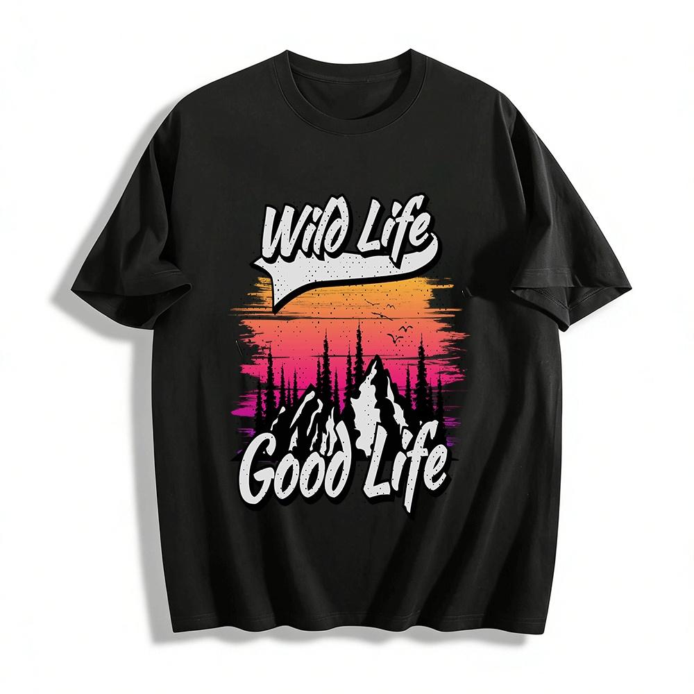 Wild Life Good Life Sunset Mountain Graphic Casual Tee Pure cotton T-shirt XXS