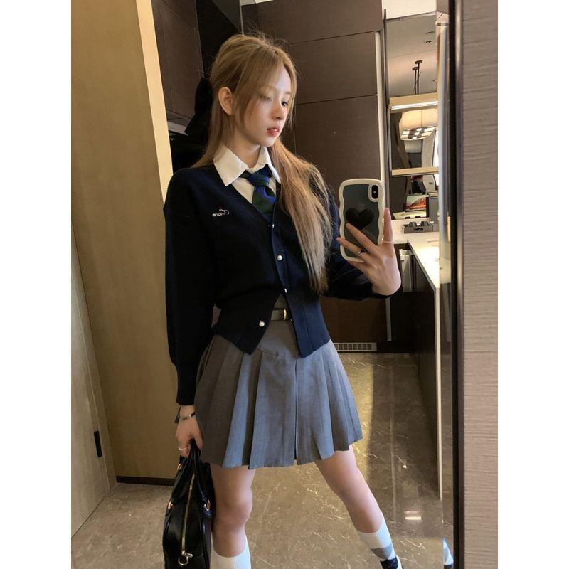 

JK Преппи Стиль Вязаная Верхняя Одежда Слим Приталенный Кардиган Dark Blue S